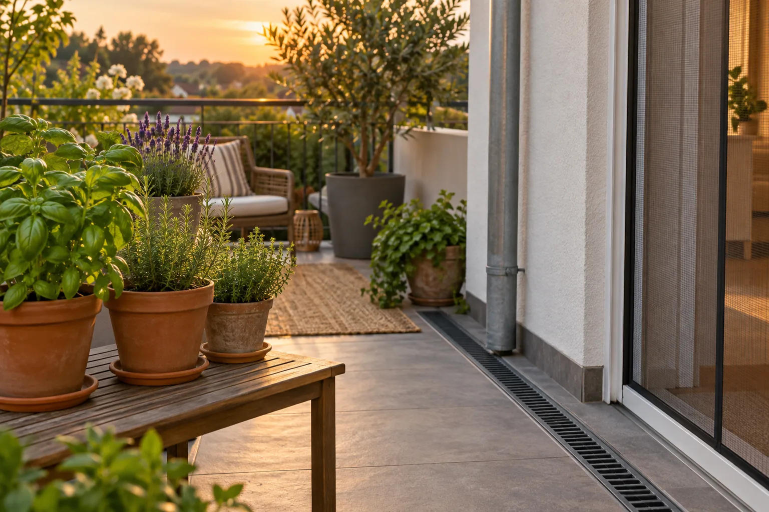 A screened balcony door and grouped potted herbs as practical mosquito prevention at dusk