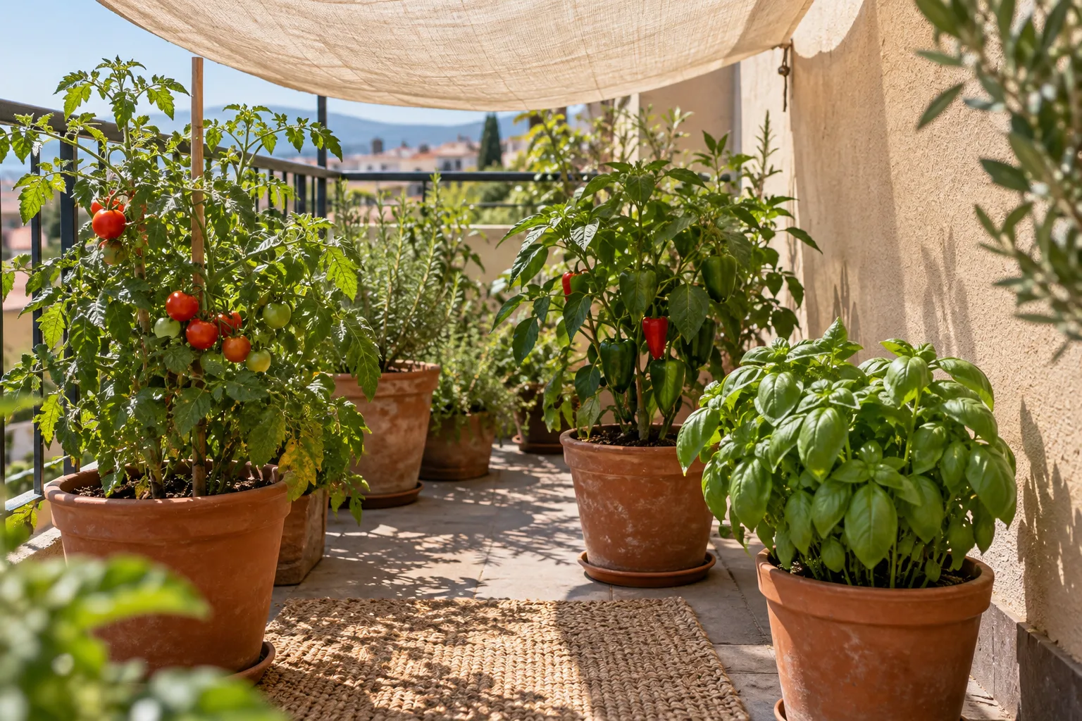 A shade cloth shielding potted balcony tomatoes and peppers from harsh afternoon sun