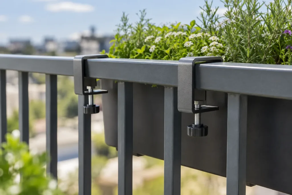 Close-up of a railing planter's mounting hardware clamped onto a balcony railing