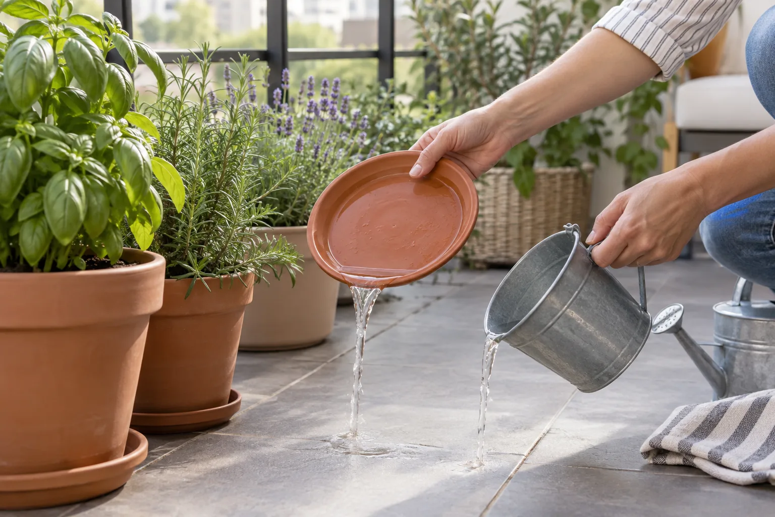 Emptying standing water from a saucer and watering can to prevent mosquito breeding on a balcony