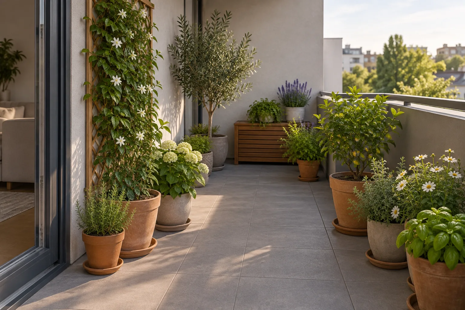 A renter-friendly single-wall balcony layout with containers along one wall and a clear center path