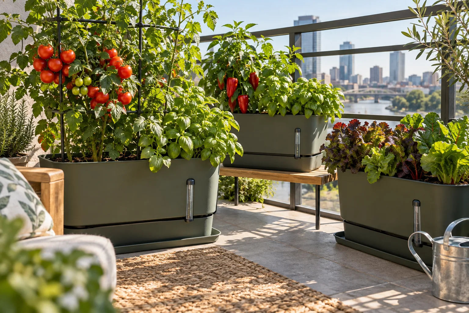 A self-watering balcony planter with flowering plants and a visible water reservoir