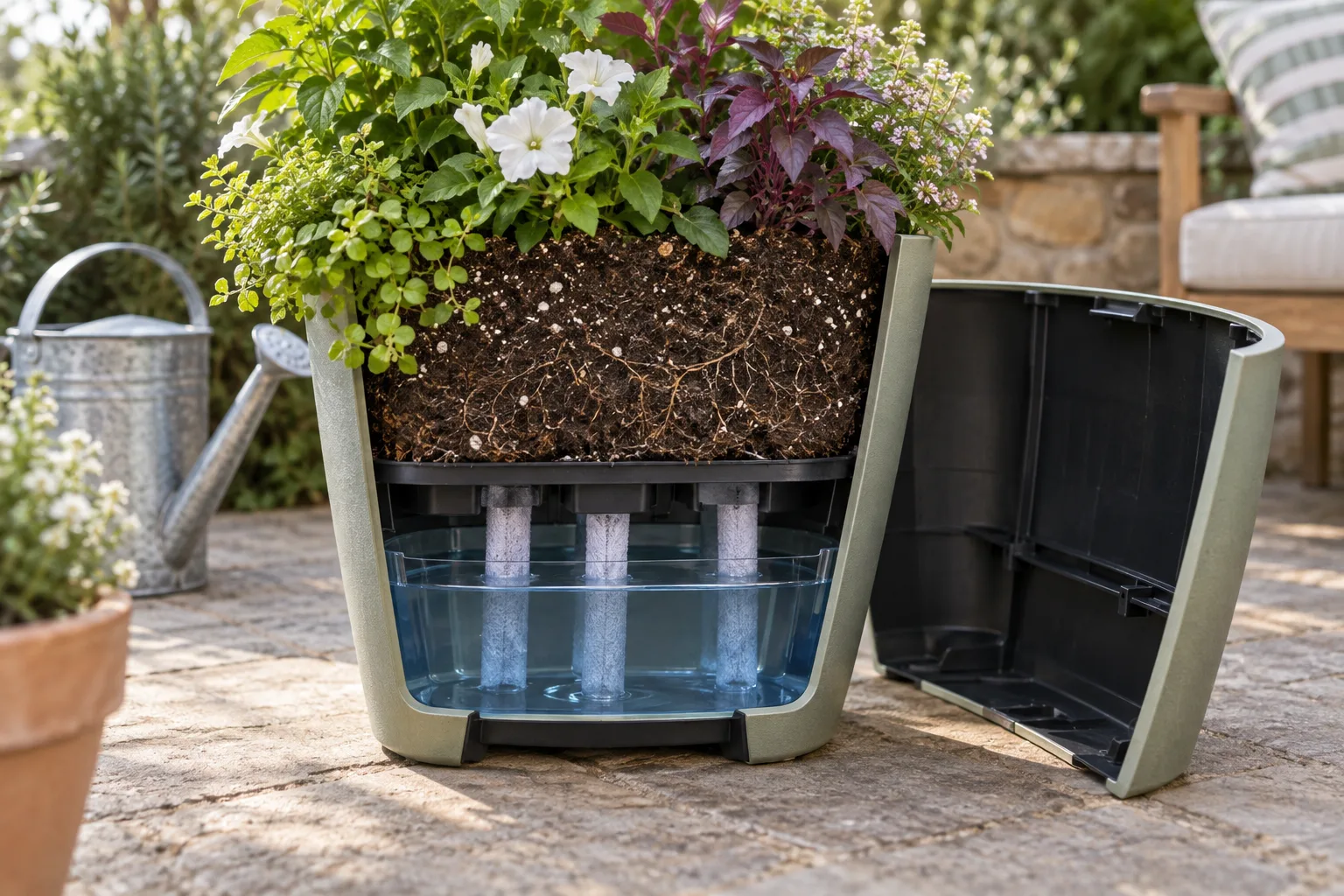 Cutaway view of a self-watering planter showing the reservoir, wicking columns, and root zone