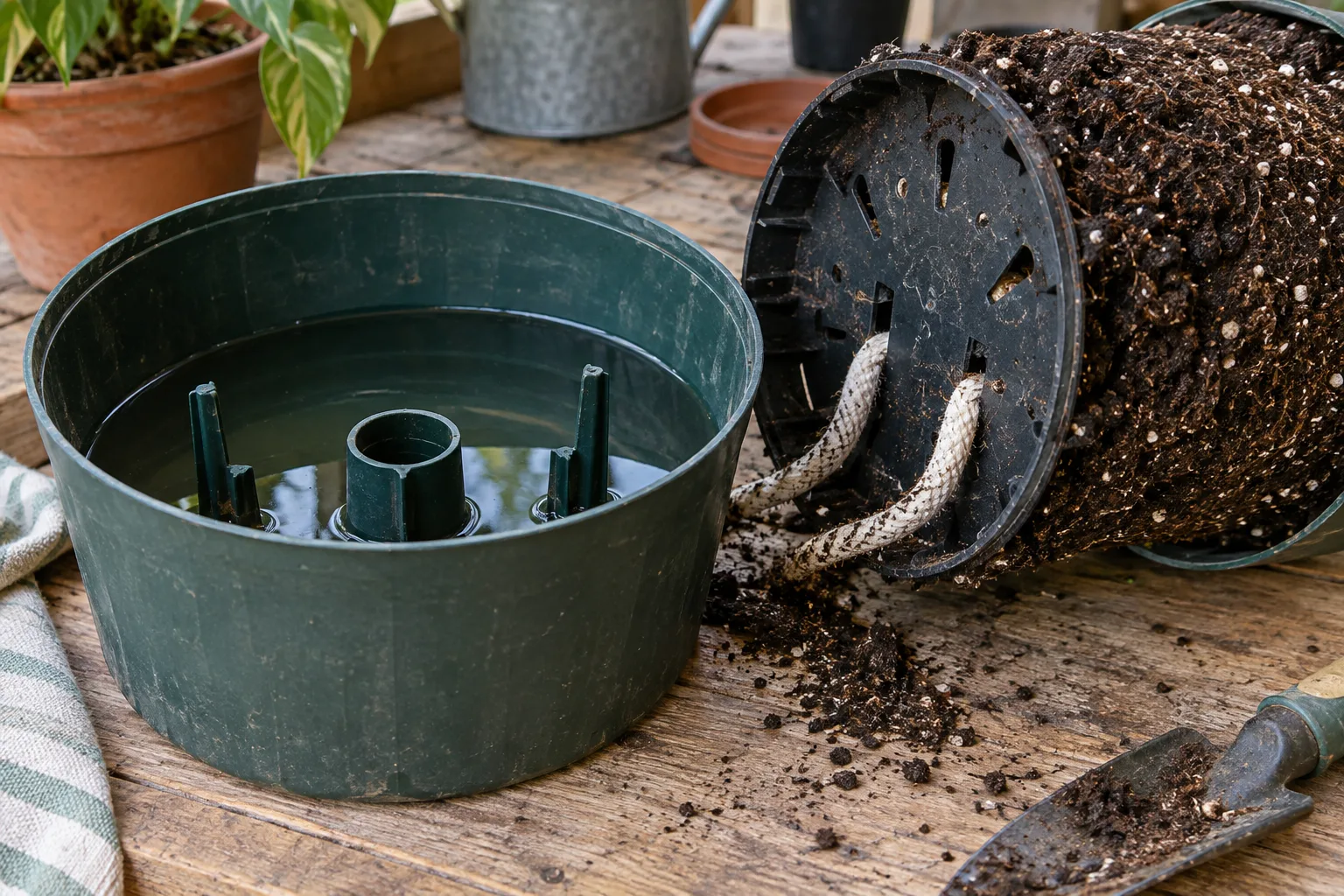 Close-up of a self-watering planter's reservoir, wicking columns, and root ball removed for inspection