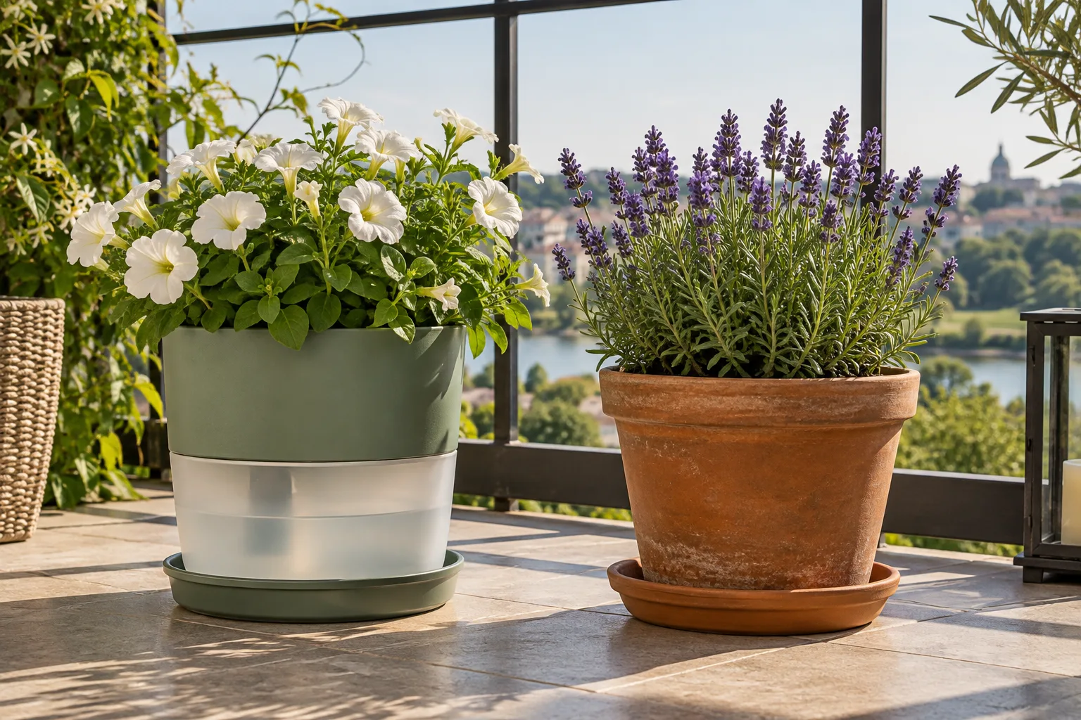 A self-watering planter with a visible reservoir next to a traditional terracotta pot