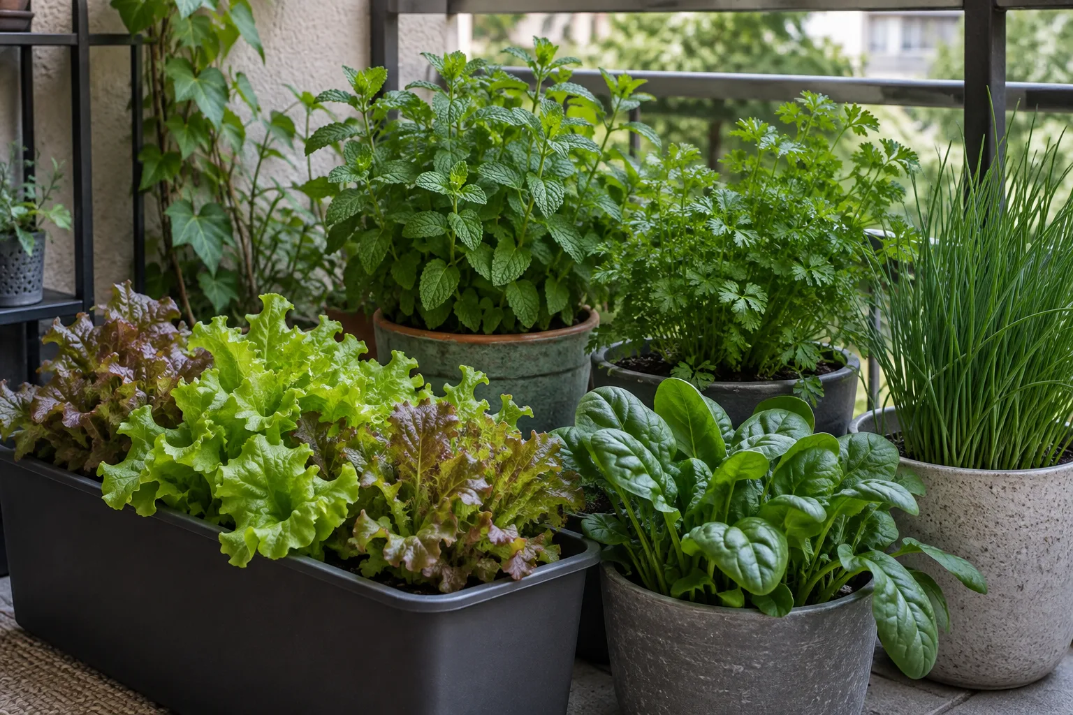 Leafy greens, mint, parsley, and chives growing in containers on a shady balcony