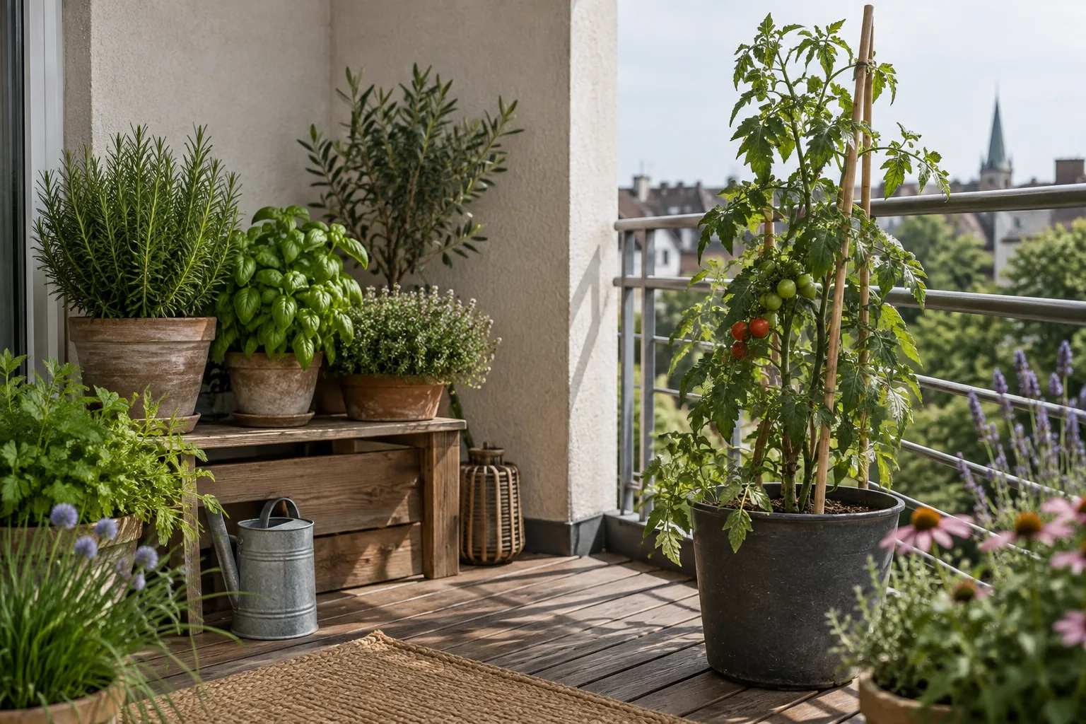 Sturdy herbs and a tomato in a sheltered balcony corner compared to exposed lavender in the wind