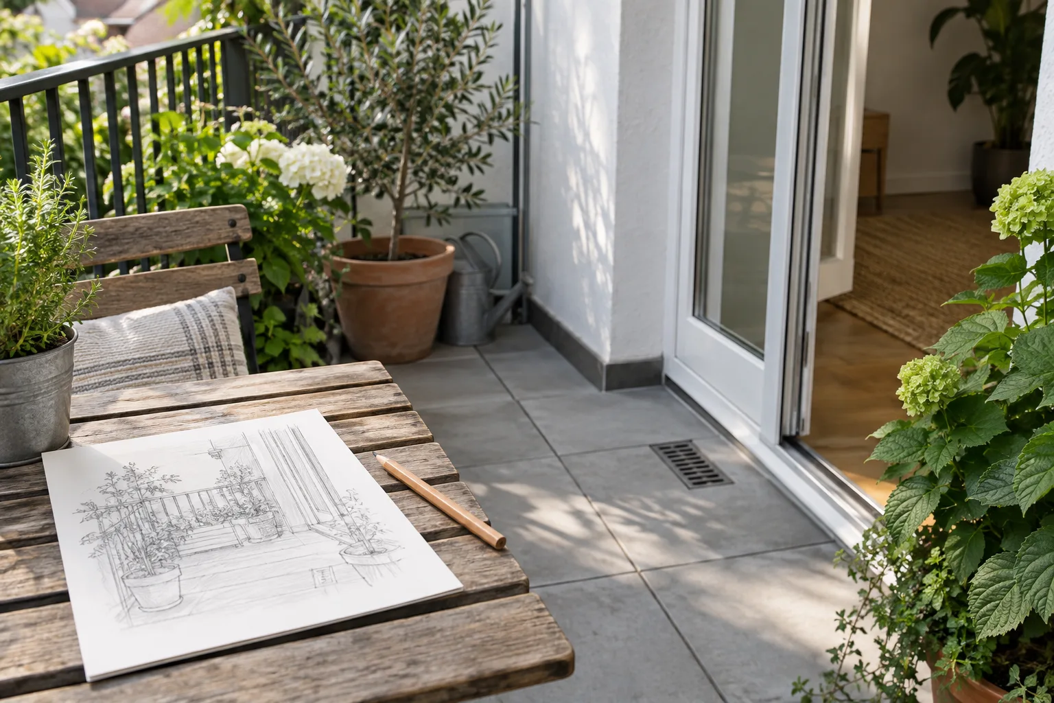 A hand-drawn balcony layout sketch marking the door swing, drain, and walkway