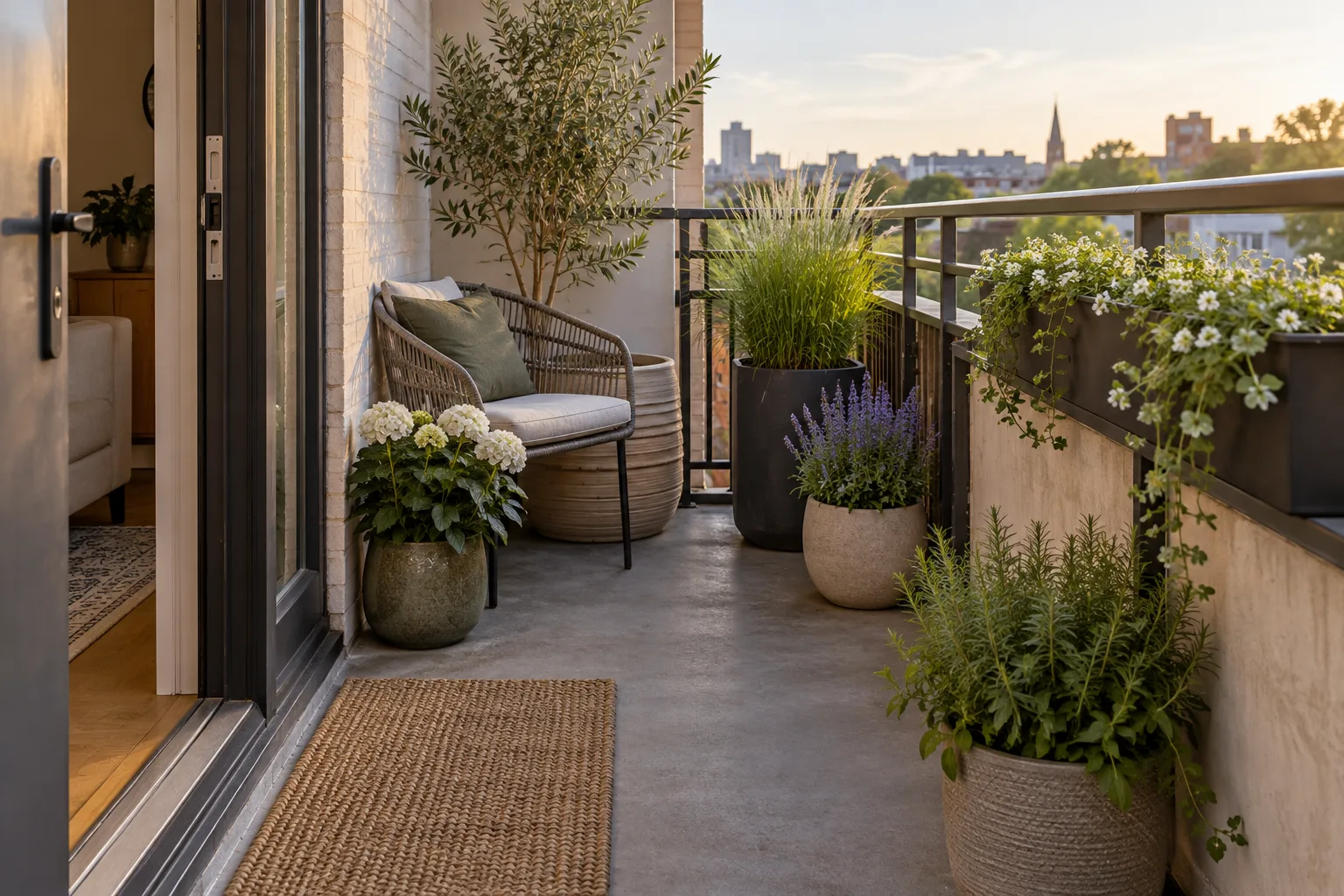 A small balcony layout with containers along the wall and a clear jute-rug walkway