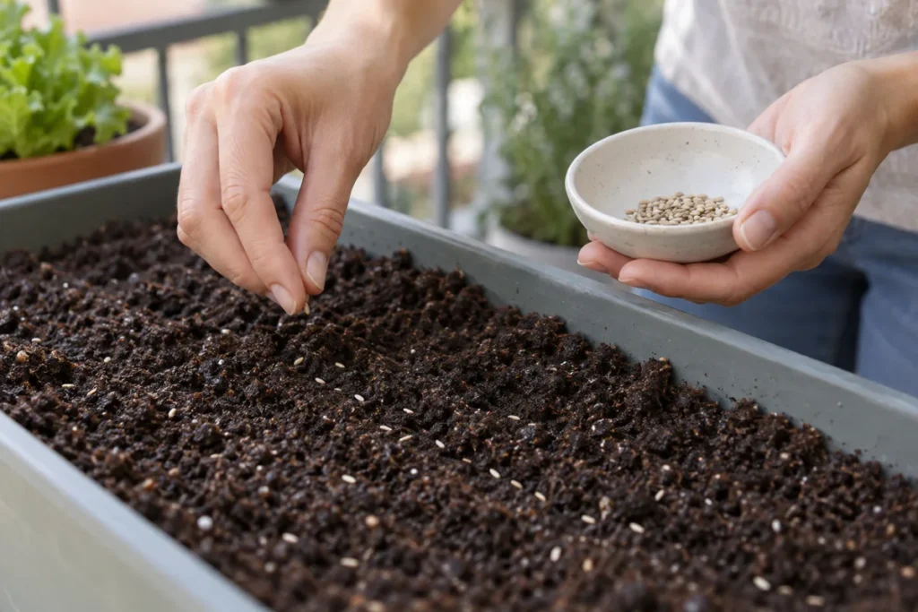 Scattering lettuce seeds across soil in a shallow balcony container