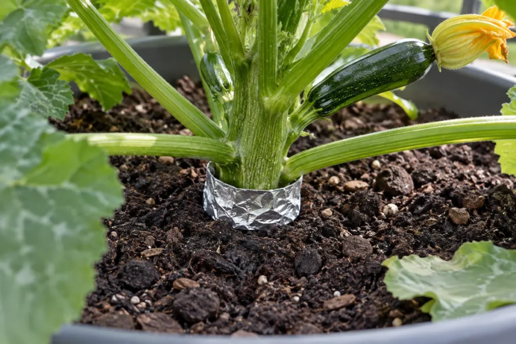 An aluminum foil collar wrapped around the base of a zucchini stem to prevent squash vine borer