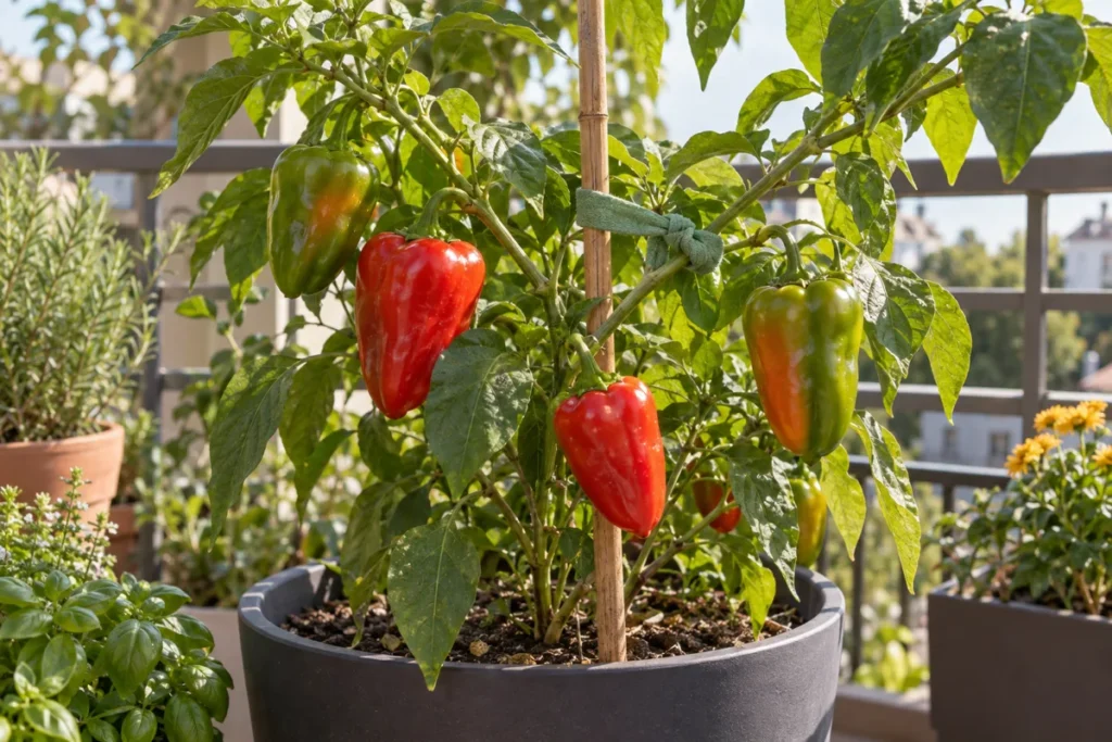 A pepper plant staked for support with several ripening peppers weighing down the branches