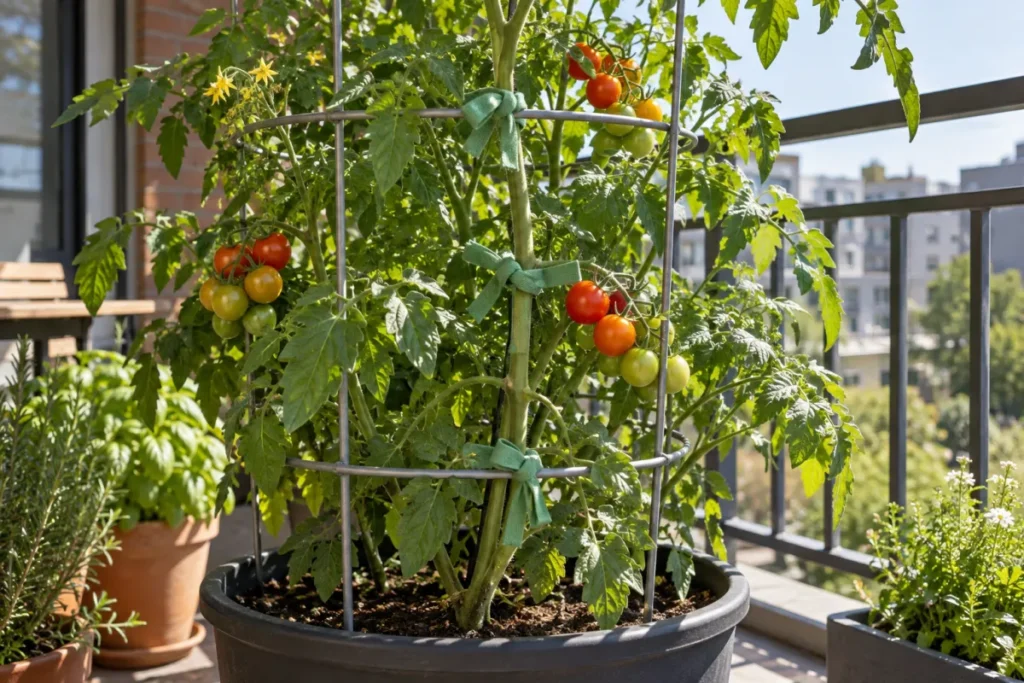 A tomato plant loosely tied to a cage in a balcony container for support