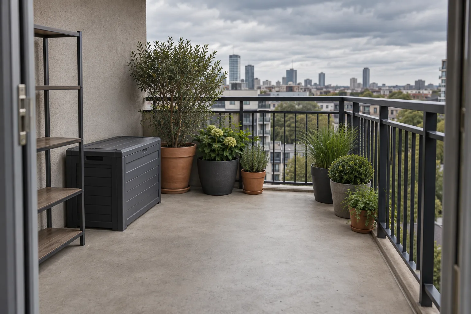 A storm-ready balcony has stable floor-level pots and a clear walking path.