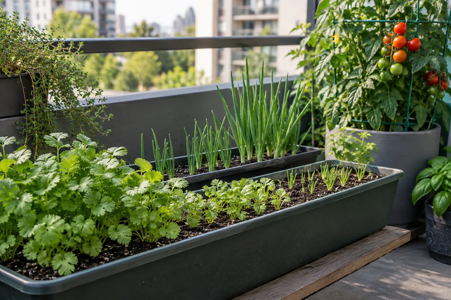Succession-sown cilantro and green onions growing in shallow balcony planters beside a tomato