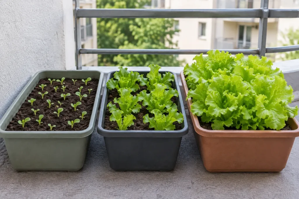 Several lettuce containers at different growth stages for a continuous succession harvest