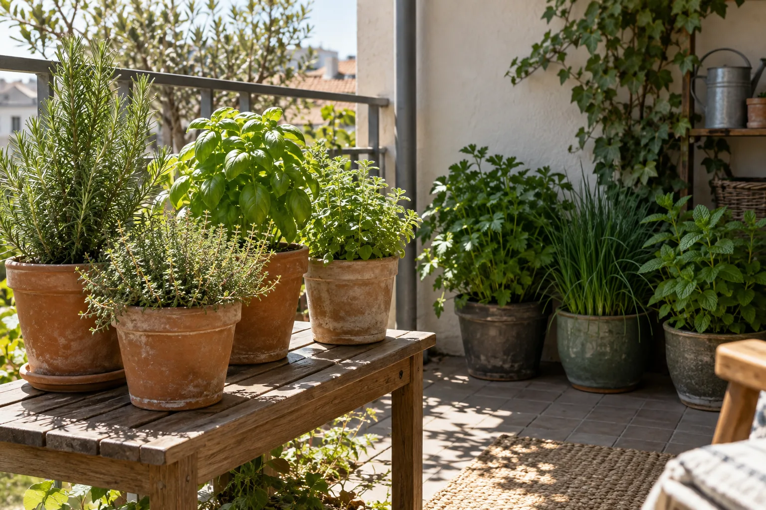 Sun-loving herbs like basil and rosemary next to shade-tolerant mint and parsley in pots