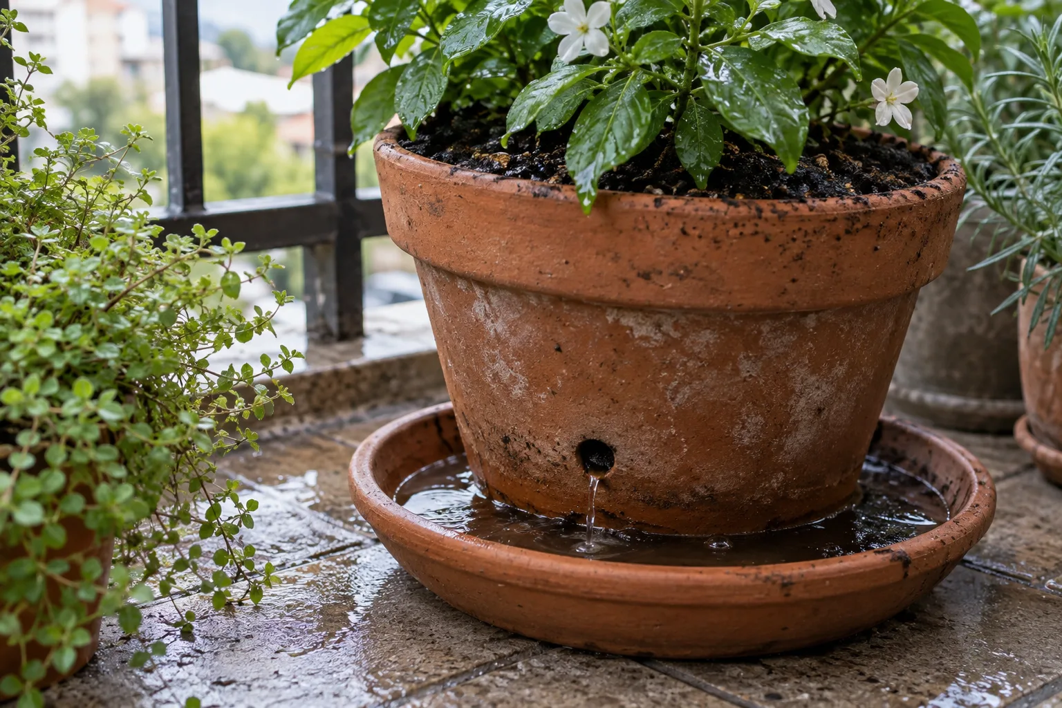 Water draining from a traditional terracotta pot's bottom hole into a saucer below