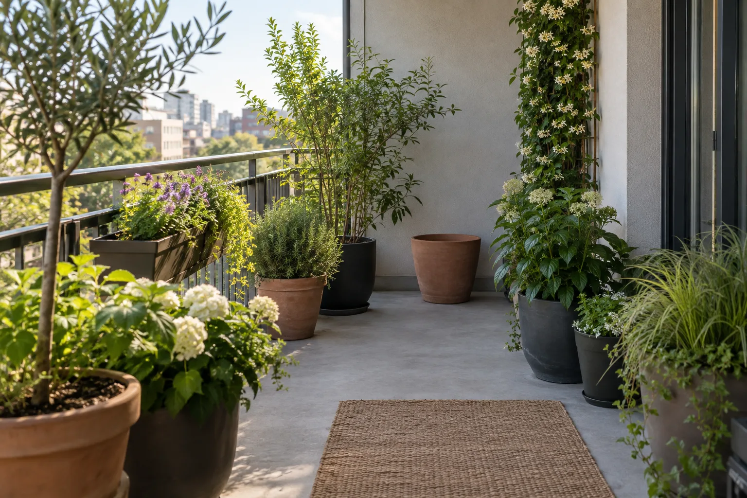 A balcony garden with pots kept clear of the doorway and a full walking route