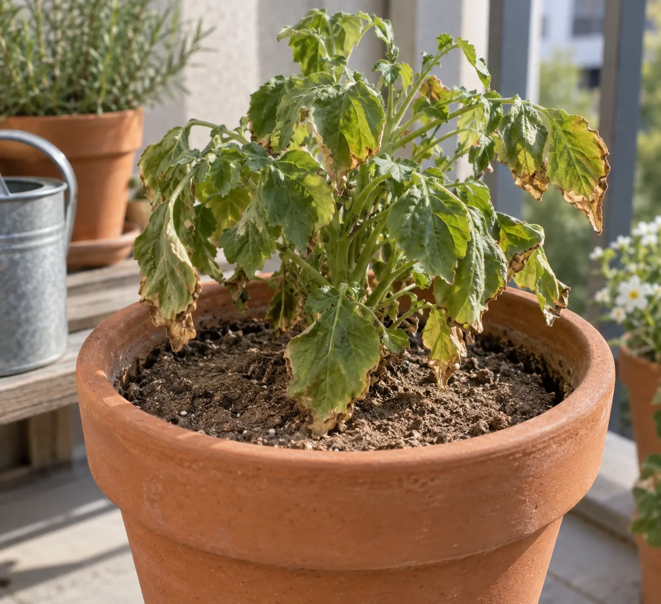 A balcony plant with crisp, brown-edged leaves from underwatering and dry soil