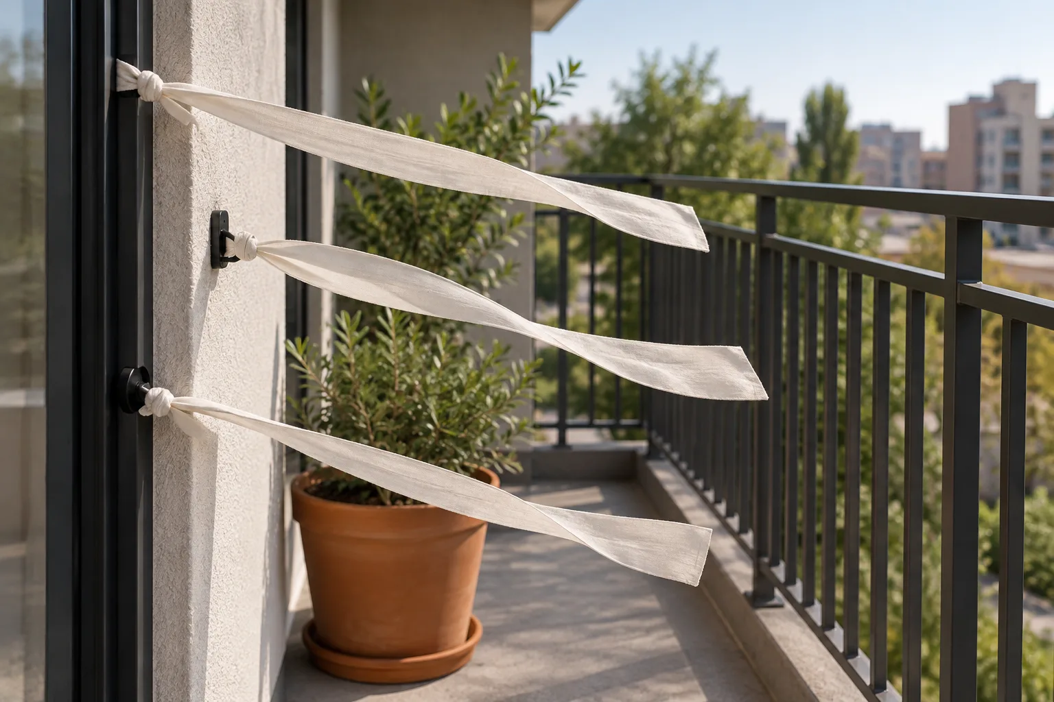 Short cotton ribbons tied to safe fixed points show wind direction on an exposed balcony.