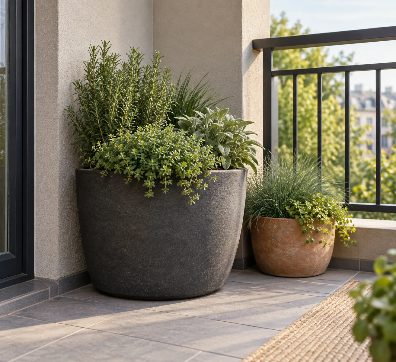 A broad-based planter sits low against a sheltered balcony wall.