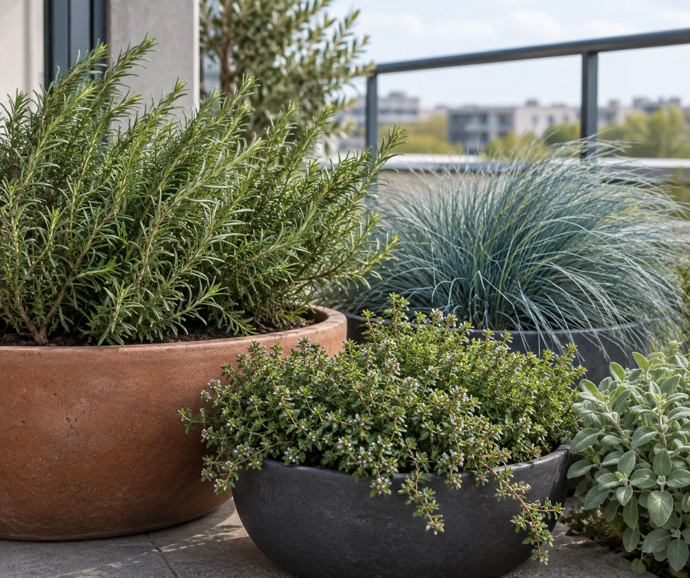 Low flexible herbs and grasses in stable floor-level balcony pots.