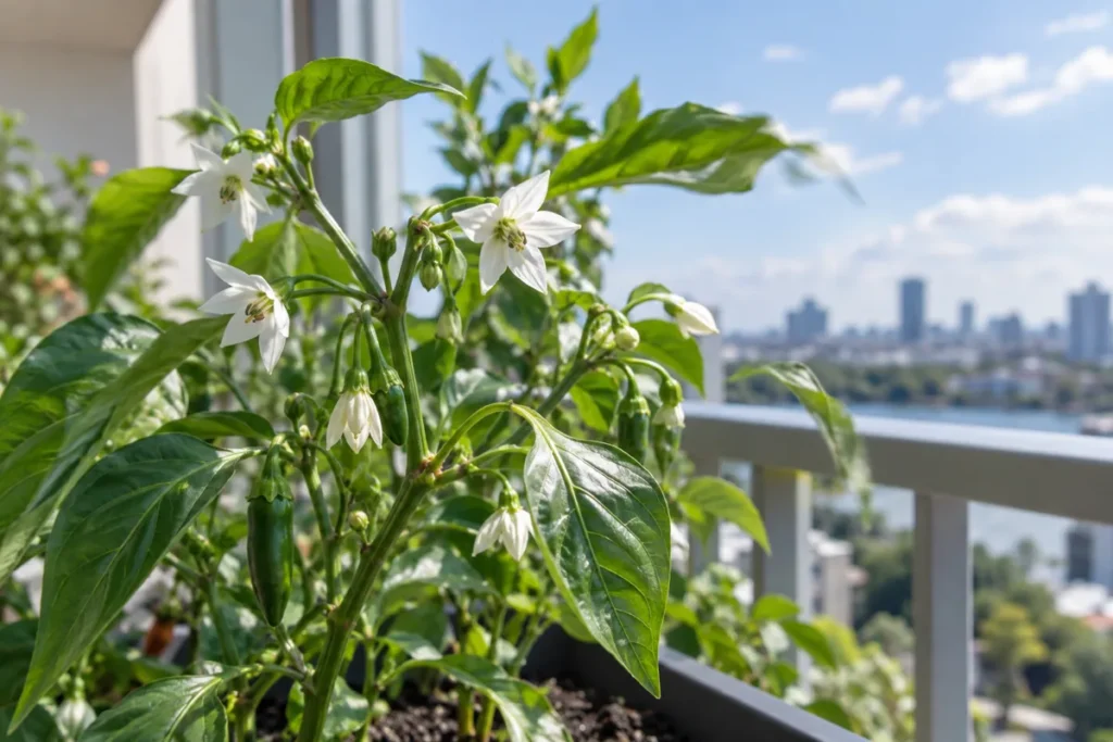 Pepper plant flowers near an exposed balcony railing where wind can cause blossom drop