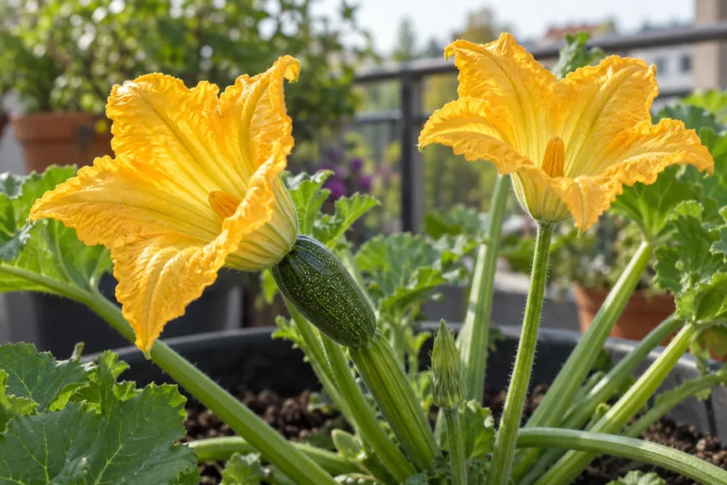 A female zucchini flower with a small fruit behind it next to a male flower on a plain stem